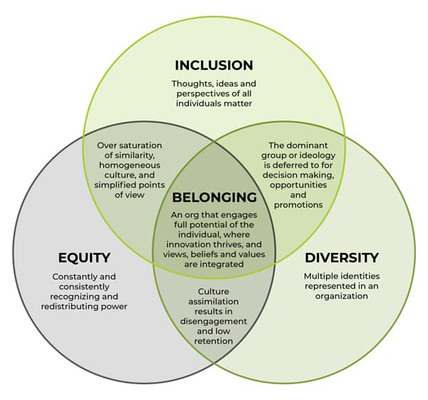 Venn diagram showing Inclusion, Equity, Diversity and Belonging
